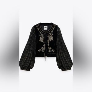 ZARA EMBROIDERED VELVET JACKET BALLOON SLEEVES BLACK GOLD XS